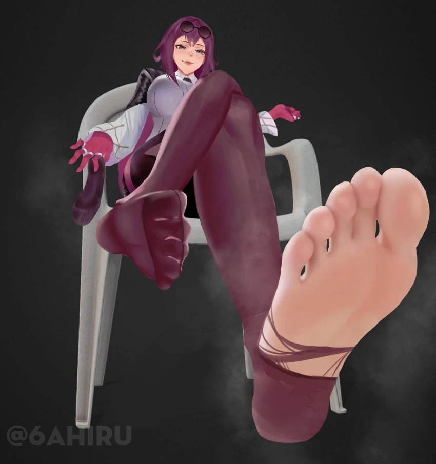 6ahiru, honkai (series), honkai: star rail, kafka (honkai: star rail), 5 toes, feet, feet up, foot focus, foot worship, footjob, footwear, pantyhose, sitting, sitting on chair, soles, soles of feet in socks, stockings, toes, toes spread