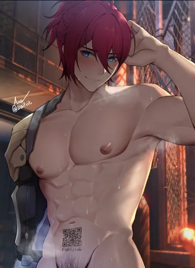 asaifrit, honkai (series), honkai: star rail, luka (honkai: star rail), 1boy, abs, blush, blushing, happy trail, male focus, male only, mechanical arm, muscular male, musk clouds, nipples, posing, pubic hair, red hair, solo focus, steam, steaming body, sweat, sweating, visible breath