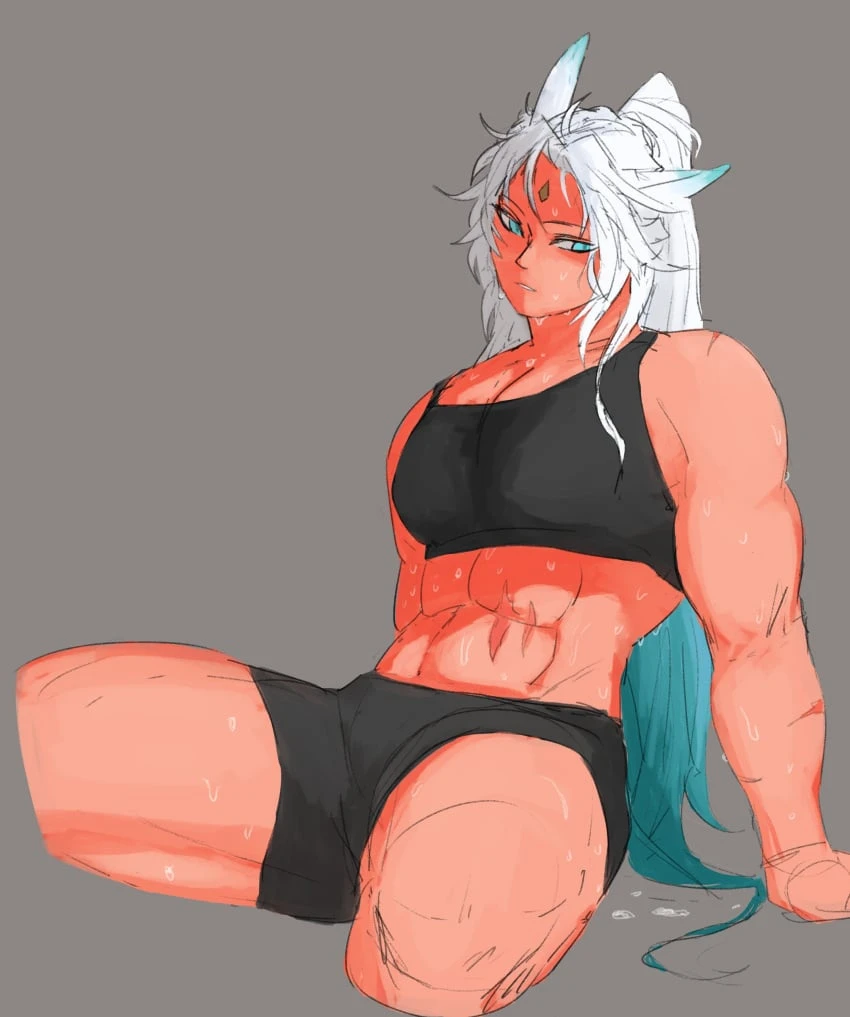 honkai (series), honkai: star rail, hoyoverse, feixiao (honkai: star rail), fox, fox ears, foxgirl, muscular, muscular female, sleeplessbagel, sports bra, sportswear, sweat, sweatdrop, sweating