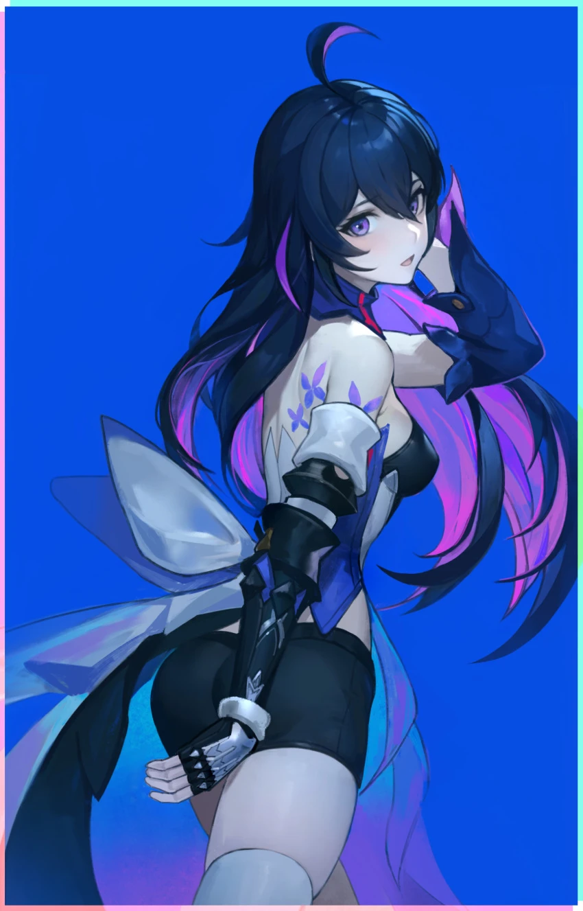 le (huanglongen), honkai (series), honkai: star rail, seele (honkai: star rail), 1girls, ahoge, bare shoulders, black shorts, blue background, breasts, butterfly tattoo, colored inner hair, cowboy shot, detached sleeves, from behind, hand up, long hair, looking at viewer, multicolored hair, open mouth, pink hair, purple eyes, purple scarf, scarf, shorts, solo, tattoo, thighhighs, white thighhighs, commentary request, highres