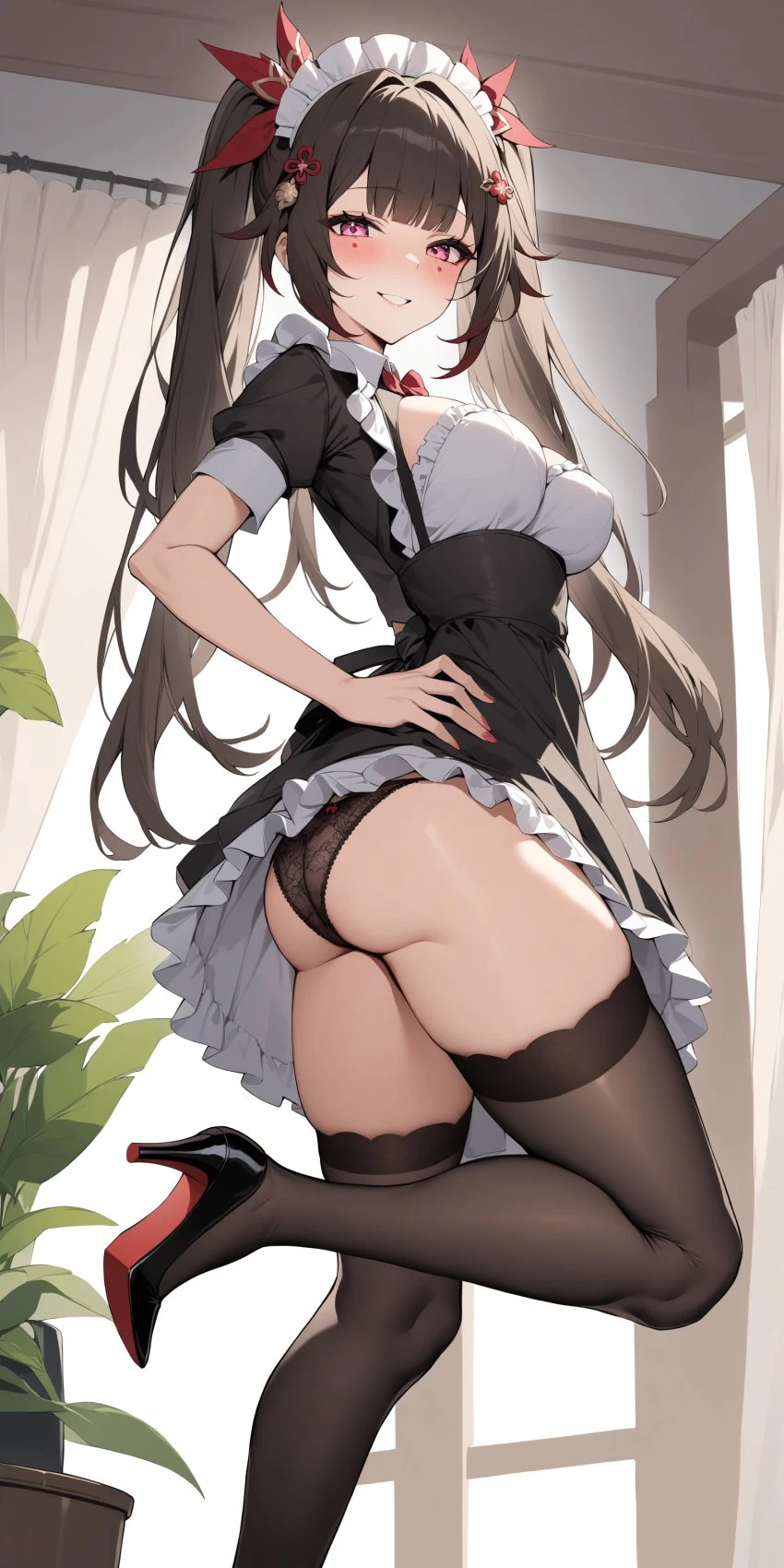 honkai: star rail, sparkle (honkai: star rail), 1girls, ass, big breasts, bra, brown hair, choker, clothing, dominant female, exhibitionism, legwear, long hair, maid, naughty face, panties, pink eyes, pussy, pussy lips, school uniform, skirt, skirt lift, teasing, thick thighs, upskirt, voluptuous, ai generated, hi res