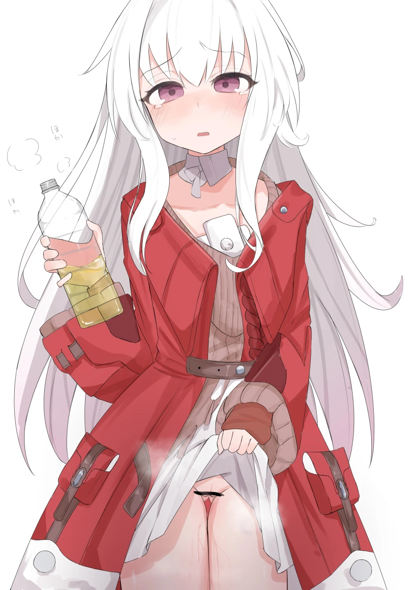 honkai (series), honkai: star rail, clara (honkai: star rail), ass visible through thighs, blush, bottle, brown cardigan, cardigan, cleft of venus, clothes lift, coat, collarbone, cowboy shot, dress, dress lift, female, flat chest, hand up, holding, holding bottle, layered sleeves, lifted by self, long hair, long sleeves, looking at viewer, no panties, parted lips, pee in container, plastic bottle, purple eyes, pussy, red coat, simple background, sleeves past wrists, solo, steam, tearing up, tears, thigh gap, urine, very long hair, white background, white dress, white hair, yukarigaoka, absurdres, bar censor, censored, commentary request, highres