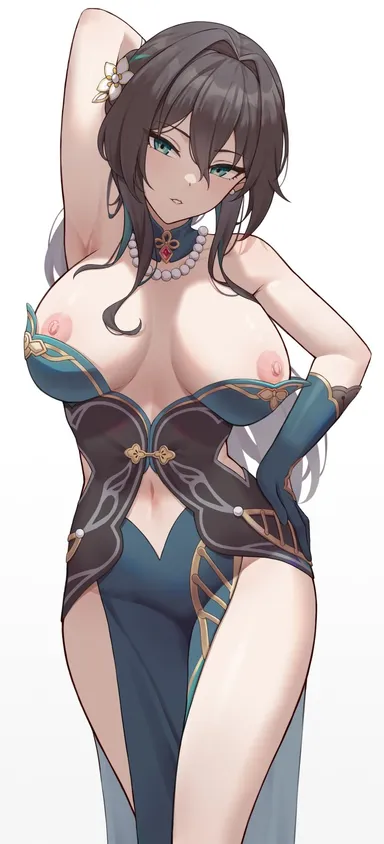 honkai: star rail, ruan mei (honkai: star rail), 1girls, arm behind head, arm on hip, armpits, breasts apart, exposed breasts, female, female focus, female only, huge breasts, large breasts, looking aside, posing, seductive, thick thighs, wide hips