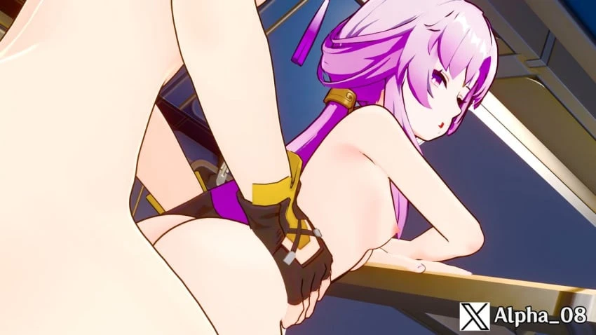 alpha 08, honkai: star rail, caelus (honkai: star rail), fu xuan (honkai: star rail), 1boy, 1girls, ass, doggy style, doggystyle position, gloves, hands on hips, looking back, pink hair, sex, small breasts, straight sex, unseen male face