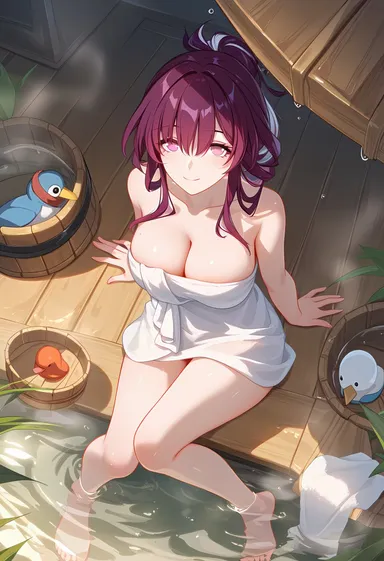 límíng zhī xià, honkai: star rail, hoyoverse, pixiv, kafka (honkai: star rail), bare legs, barefoot, big breasts, bob cut, feet, glowing eyes, long hair, looking at viewer, purple eyes, purple hair, sauna, slim waist, smiling at viewer, thick thighs, tied hair, towel, towel around waist, towel only, viewed from above, wide hips, ai generated