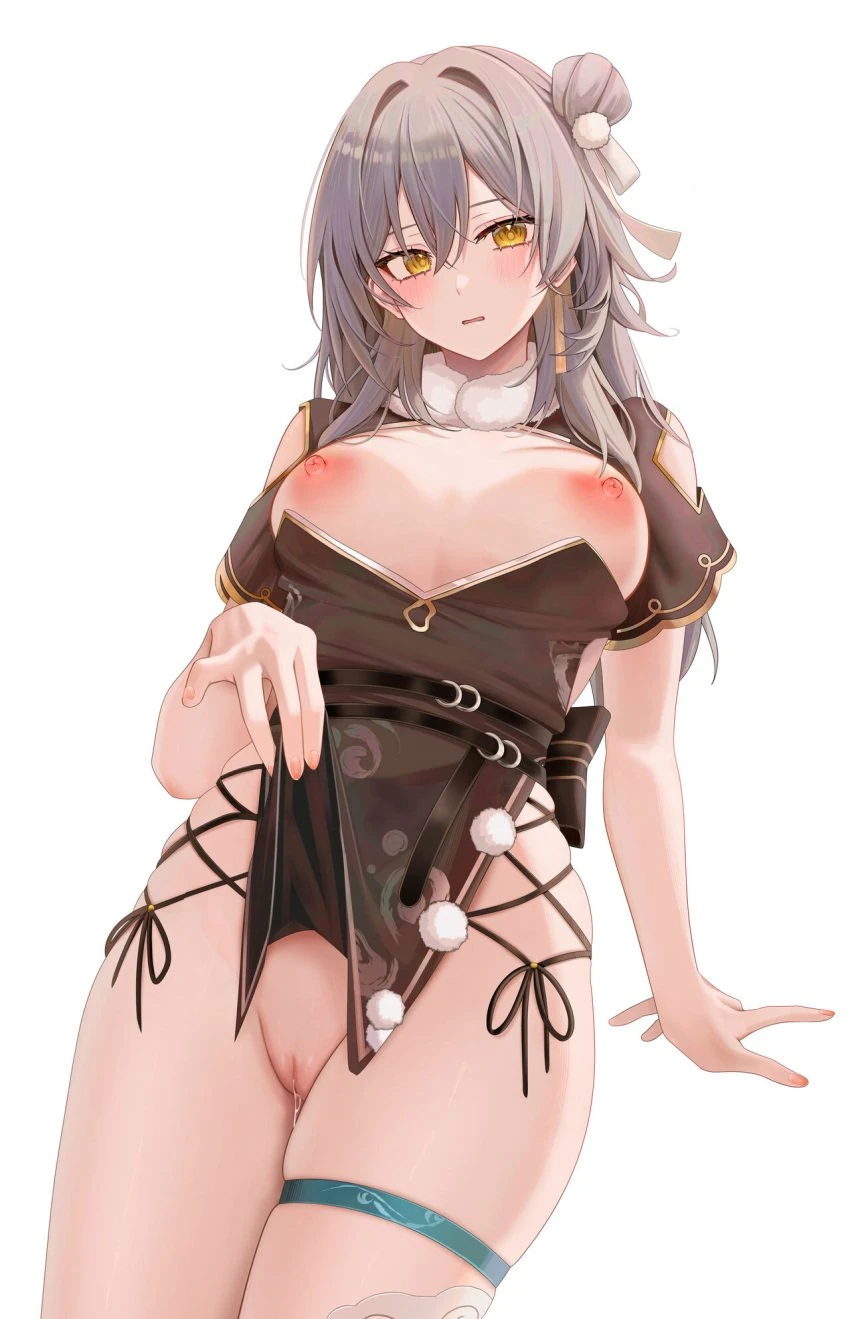 ru zhai, honkai (series), honkai: star rail, mihoyo, stelle (honkai: star rail), 1girls, bare breasts, big breasts, breasts, grey hair, light skin, light-skinned female, long hair, looking at viewer, no bra, no panties, nude, nude female, pussy juice, showing off, simple background, solo, standing, thighs, white hair, 2024, hi res