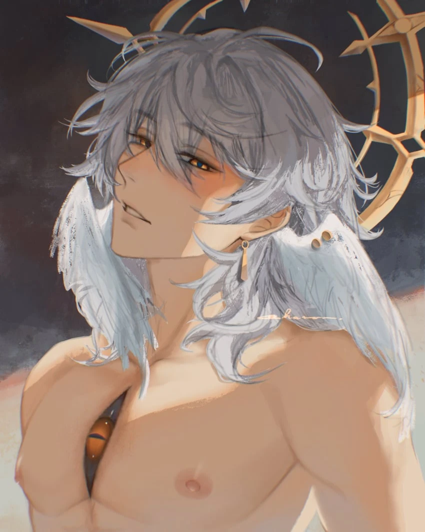  chamomilde, honkai: star rail, sunday (honkai: star rail), 1boy, bare shoulders, blue pupils, blush, chest, earrings, exposed breasts, gay, gold earrings, gold jewelry, gray background, gray hair, halo, head wings, looking at viewer, male, male chest, male focus, male nipples, male only, muscular, muscular male, nipples, nude, nude male, pecs, pectorals, shiny skin, solo, solo focus, solo male, topless, wing piercing, winged humanoid, wings, yaoi, yellow eyes, hi res, high resolution, highres, watermark