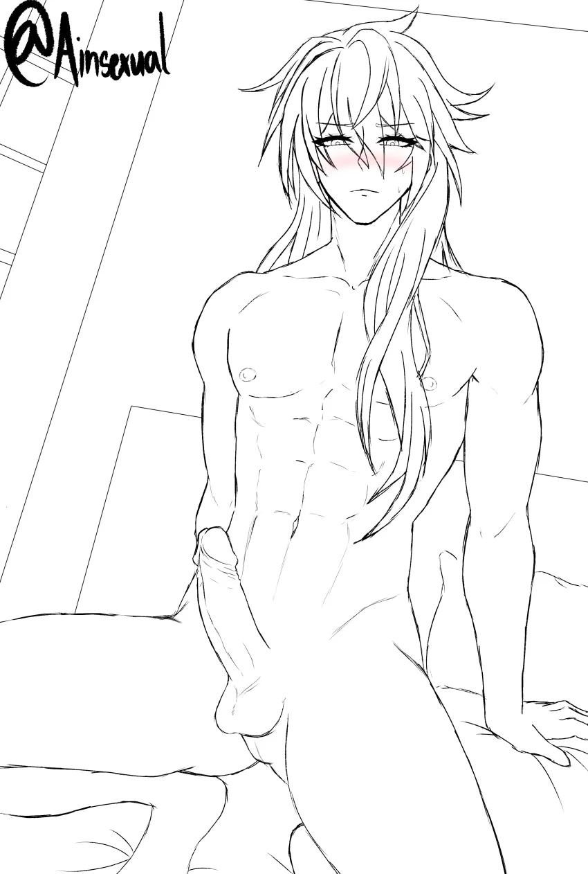 ainsexual, honkai: star rail, luocha (honkai: star rail), 1boy, abs, blush, long hair, long hair male, male, male only, nipples, nude, black and white, sketch