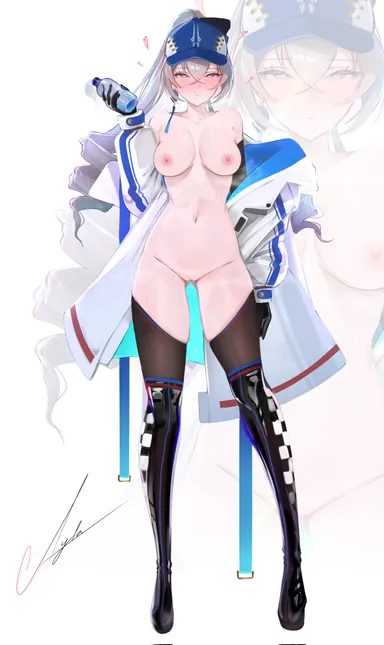 anna (80973911), honkai: star rail, bronya rand, 1girls, areolae, ass visible through thighs, baseball cap, blue hat, blush, boots, bottle, breasts, brown legwear, checkered clothes, checkered legwear, drill hair, earrings, female, grey eyes, grey hair, hair between eyes, hat, heart-shaped pupils, jacket, jacket partially removed, light skin, light-skinned female, long hair, looking at viewer, medium breasts, navel, nipples, ponytail, pussy, pussy juice, solo, standing, thighhighs, thighs, white background, white jacket, signature, zoom layer