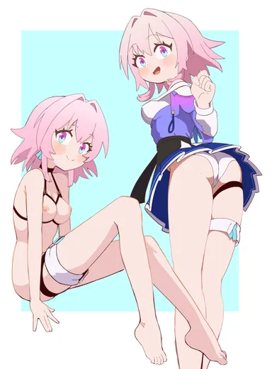 formerly, honkai: star rail, march 7th (honkai: star rail), 1girls, female, female focus, female only, lingerie, looking at viewer, medium breasts, open bra, pink hair, short hair