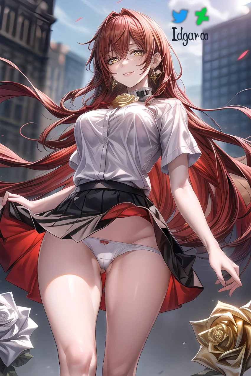 idgaroo, stable diffusion, honkai (series), honkai: star rail, himeko (honkai: star rail), black skirt, city, earrings, large breasts, long hair, looking at viewer, panties, red hair, school uniform, sitting, upskirt, white panties, white shirt, yellow eyes, absurd res, ai generated, hi res