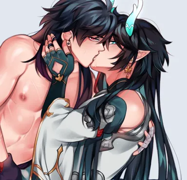 akaihimi, honkai (series), honkai: star rail, blade (honkai: star rail), dan heng, dan heng (imbibitor lunae), 2boys, abs, aqua eyes, blue eyes, horns, kissing, long hair, looking at viewer, male only, muscle, nipples, red eyes, shirtless, shirtless male, sweatdrop, yaoi