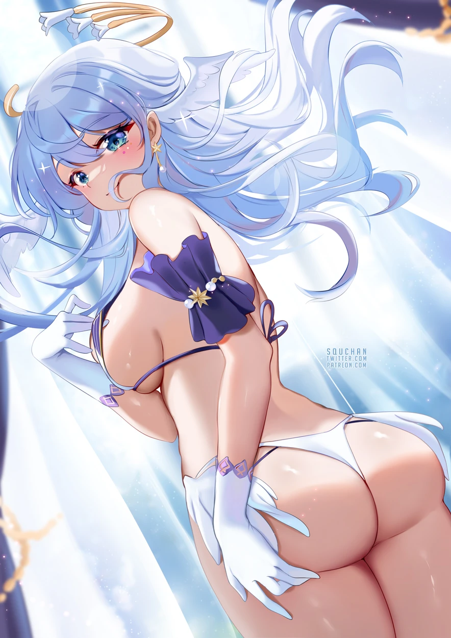 squchan, honkai: star rail, robin (honkai: star rail), ahoge, ass, back, bangs, bare shoulders, bikini, blue eyes, blue hair, blurry, blush, breasts, cowboy shot, earrings, eyebrows visible through hair, female, from behind, gloves, hair between eyes, indoors, jewelry, large breasts, light rays, long hair, looking at viewer, looking back, medium breasts, micro bikini, ocean, open mouth, sideboob, silver hair, skindentation, smile, solo, string bikini, swimsuit, thighs, thong bikini, white bikini, white gloves, artist name