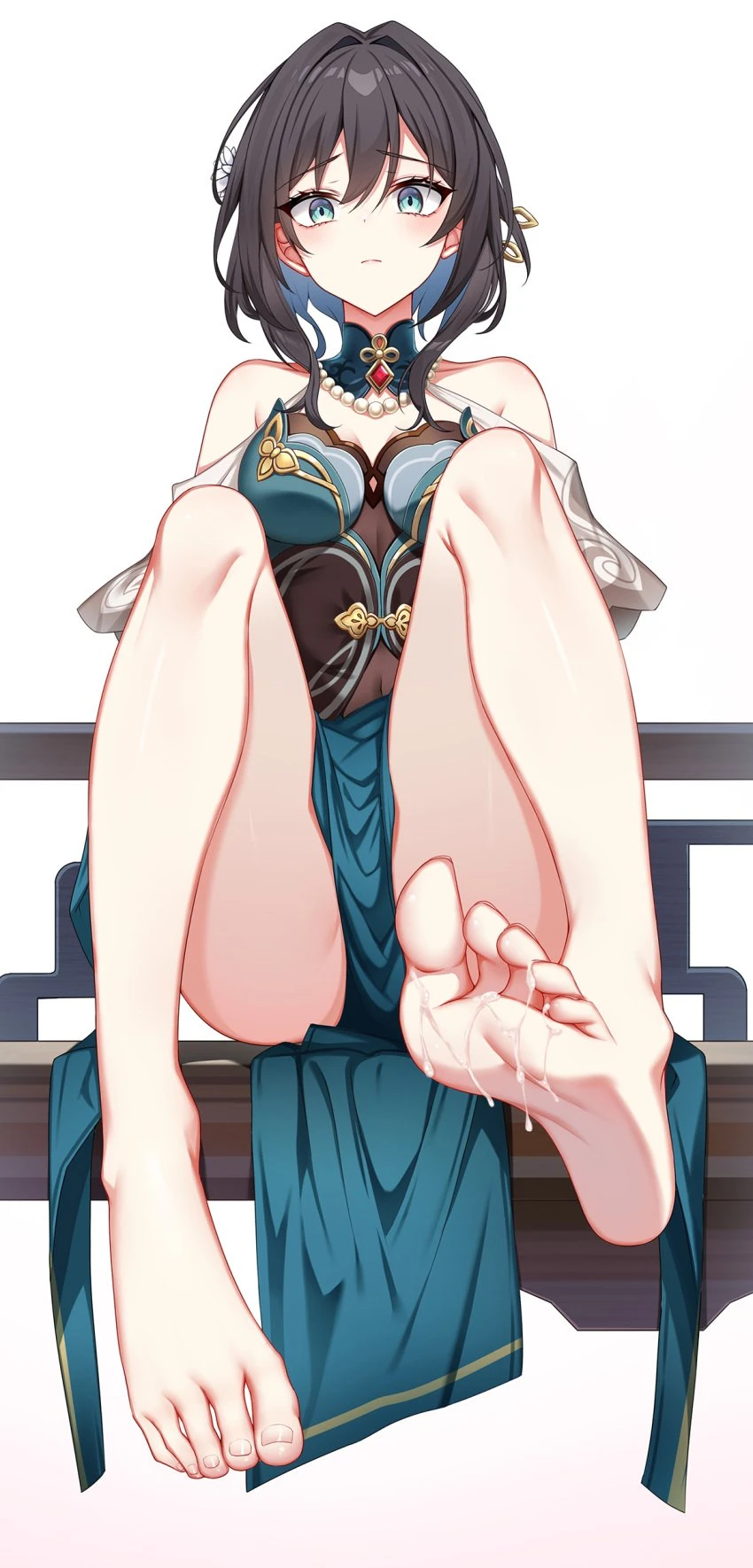 artist request, honkai (series), honkai: star rail, ruan mei (honkai: star rail), aqua dress, aqua eyes, bare legs, bare shoulders, barefoot, bead necklace, beads, bencao gangmu (anquan sy), black hair, blush, breasts, brooch, chinese clothes, cleavage, covered navel, cum, cum on body, cum on feet, dress, feet, female, gradient background, hair between eyes, jewelry, knees up, legs, looking at viewer, medium breasts, medium hair, necklace, nonude, pelvic curtain, short sleeves, sitting, soles, solo, thighs, toenails, toes, white background, absurdres, commentary request, highres, tagme