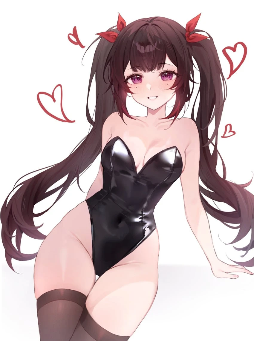 honkai (series), honkai: star rail, hoyoverse, mihoyo, sparkle (honkai: star rail), 1girls, black bunnysuit, black hair, black thighhighs, blush, bunnysuit, female, female focus, female only, front view, hearts, hearts around body, hourglass figure, light skin, light-skinned female, long hair, looking at viewer, pigtails, purple eyes, simple background, small breasts, smiling, smiling at viewer, solo, solo female, solo focus, standing, thighhighs, white background, young, younger female, 2d, 2d (artwork), high resolution, highres