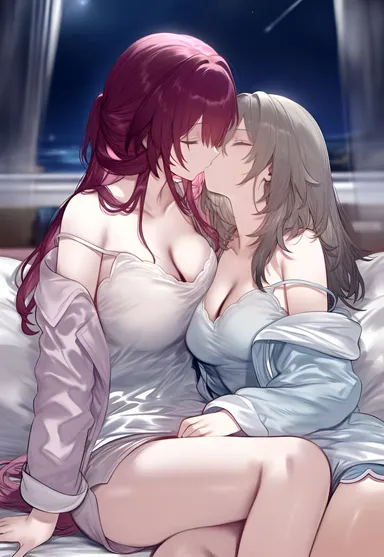 setsuaiart, honkai: star rail, kafka (honkai: star rail), stelle (honkai: star rail), bare legs, bare shoulders, bare thighs, big breasts, breasts, cleavage, closed eyes, collarbone, grey hair, indoors, kissing, lesbian kiss, long hair, mature female, medium breasts, night, nightgown, no bra, pajamas, purple hair, strap slip, thighs, yuri, ai generated