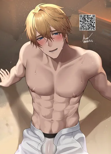 asaifrit, honkai: star rail, gepard (honkai: star rail), 1boy, abs, blonde hair, blush, bulge, gay, looking up, muscular, muscular male, shirtless, sweat, sweating, unbuttoned pants, white pants, yaoi