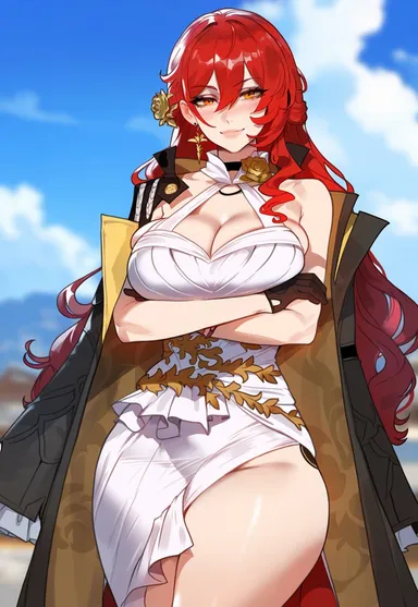 floox, honkai: star rail, himeko (honkai: star rail), cleavage, large breasts, long hair, red hair, thick thighs, thighs, wavy hair, yellow eyes, ai generated