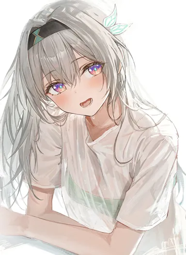 hidulume, honkai: star rail, firefly (honkai: star rail), arms folded, bra visible through clothes, clothed, gray hair, hair ornament, headband, non-nude, purple eyes, soaked, soaked clothes, strapless bra, sweat, sweating, tilted head, wet clothes, white background, 2d