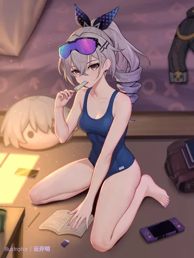 yunkaiming, honkai (series), honkai: star rail, caelus (honkai: star rail), silver wolf (honkai: star rail), trailblazer (honkai: star rail), 1girls, ankles, bare arms, bare calves, bare chest, bare hands, bare hips, bare knees, bare legs, bare shoulders, bare skin, bare soles, bare thighs, bare toes, barefoot, bed, bed sheet, bikini, blue bikini, blue hair ribbon, blue hair tie, blue one-piece swimsuit, blue ribbon, blue swimsuit, blue swimwear, book, breasts, calves, cleavage, collarbone, day, daylight, daytime, dot nose, drill hair, drill ponytail, ear piercing, ear piercings, earrings, elbows, exposed arms, exposed chest, exposed hands, exposed hips, exposed legs, exposed shoulders, exposed skin, exposed thighs, exposed toes, feet, female, female focus, female only, fingernails, fingers, full body, hair between eyes, hair ornament, hair ornaments, hair ribbon, hair tie, ice cream, indoor, indoors, knees, lean body, lean figure, legs, lips, long hair, looking at viewer, medium breasts, nail polish, nails, narrow waist, on knees, one-piece swimsuit, phone, pierced ears, pillow, ponytail, popsicle, purple bed, purple bed sheet, purple fingernails, purple nail polish, purple nails, purple toenail polish, purple toenails, ribbon, shoulders, sitting, sitting on ass, sitting on floor, sitting on ground, sitting on knees, slender body, slender waist, slim girl, slim waist, solo, sunglasses, sunglasses on forehead, sunglasses on hat, sunglasses on head, swimsuit, swimwear, thick thighs, thighs, thin waist, toenail polish, toenails, toes, v-line, white pillow, wide hips, blurred background, blurry background, high resolution, highres