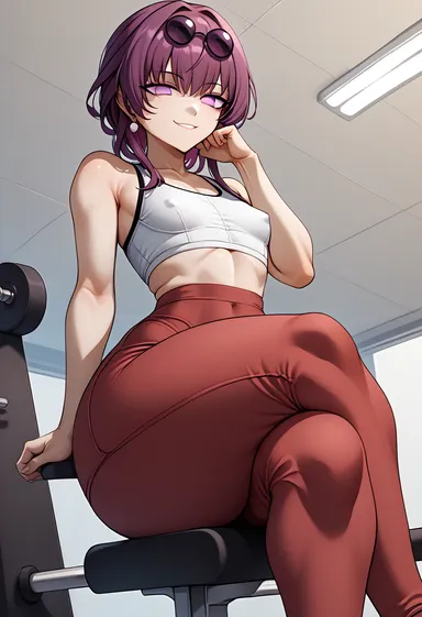 yukiguni yuu (style), honkai: star rail, kafka (honkai: star rail), alternate breast size, ass, bangs, bare shoulders, breasts, crossed legs, earrings, eyebrows visible through hair, eyewear on head, female, from below, grin, huge ass, looking at viewer, midriff, pants, purple eyes, purple hair, sitting, small breasts, smile, solo, sunglasses, thick thighs, thighs, ai generated, dutch angle, self upload