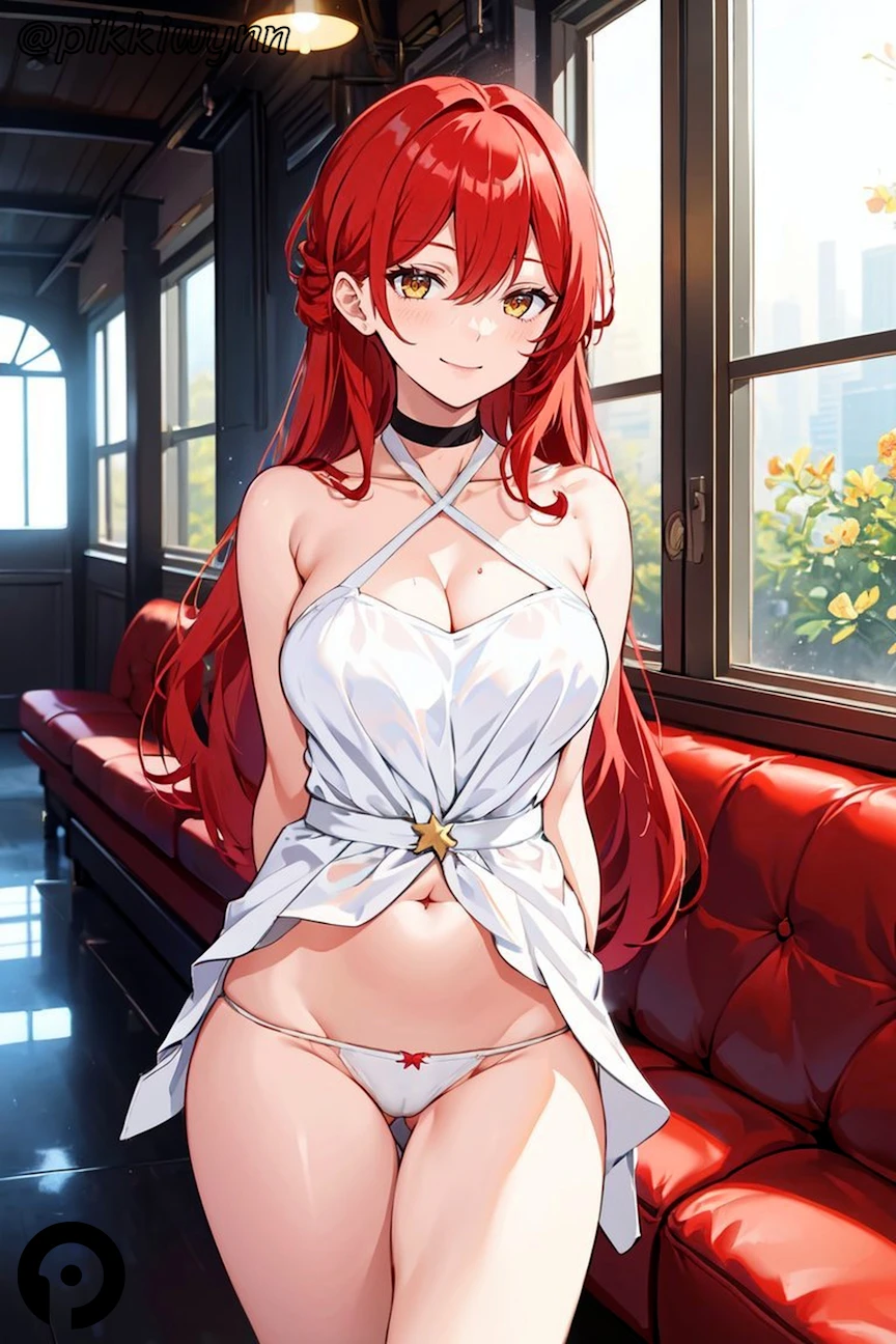 pikkiwynn, honkai (series), honkai: star rail, himeko (honkai: star rail), arms behind back, ass visible through thighs, bangs, bare arms, bare shoulders, black choker, braid, breasts, choker, cleavage, closed mouth, collarbone, couch, cowboy shot, criss-cross halter, dress, female, halter dress, halterneck, indoors, large breasts, long hair, looking at viewer, mole, mole on breast, navel, panties, red hair, sleeveless, smile, solo, stomach, thigh gap, thighs, underwear, white dress, white panties, window, yellow eyes, ai generated