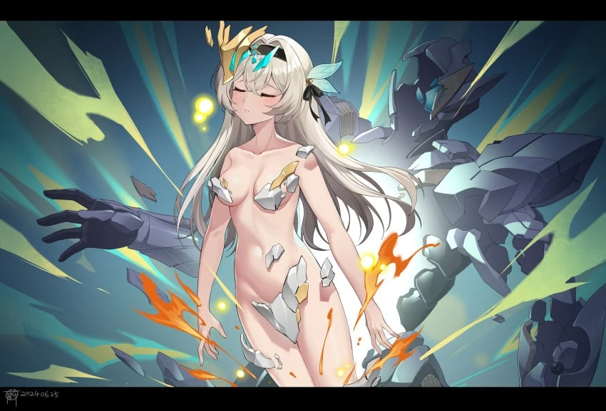 mikewei, honkai (series), honkai: star rail, firefly (honkai: star rail), sam (honkai: star rail), 1girls, 1other, black hairband, closed eyes, cowboy shot, grey hair, groin, hairband, letterboxed, long hair, navel, nude, standing, stomach, thighs, very long hair, highres