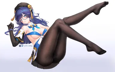 janload1ng, honkai (series), honkai: star rail, pela (honkai: star rail), aqua eyes, armpits, asymmetrical bangs, black gloves, black pantyhose, black-framed eyewear, blue hair, blue neckerchief, blunt bangs, blush, breasts, cleavage, elbow gloves, female, glasses, gloves, gradient background, hair ornament, hairclip, hat tassel, long hair, looking at viewer, medium breasts, neckerchief, no shoes, pale skin, pale-skinned female, pantyhose, parted lips, red lips, round glasses, semi-rimless eyewear, sideboob, simple background, skindentation, soles, solo, absurdres, commentary, highres, twitter logo, twitter username