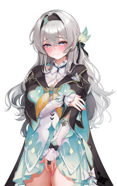 honkai (series), honkai: star rail, firefly (honkai: star rail), black hairband, black jacket, blue eyes, blush, breasts, bridal gauntlets, closed mouth, covered navel, cowboy shot, cropped jacket, dress, female, female masturbation, fingering, fingernails, green dress, grey hair, hair between eyes, hair ornament, hairband, harin 05, jacket, large breasts, long fingernails, long hair, long sleeves, masturbation, multicolored eyes, pink eyes, pussy juice, red nails, solo, absurdres, commentary request, highres