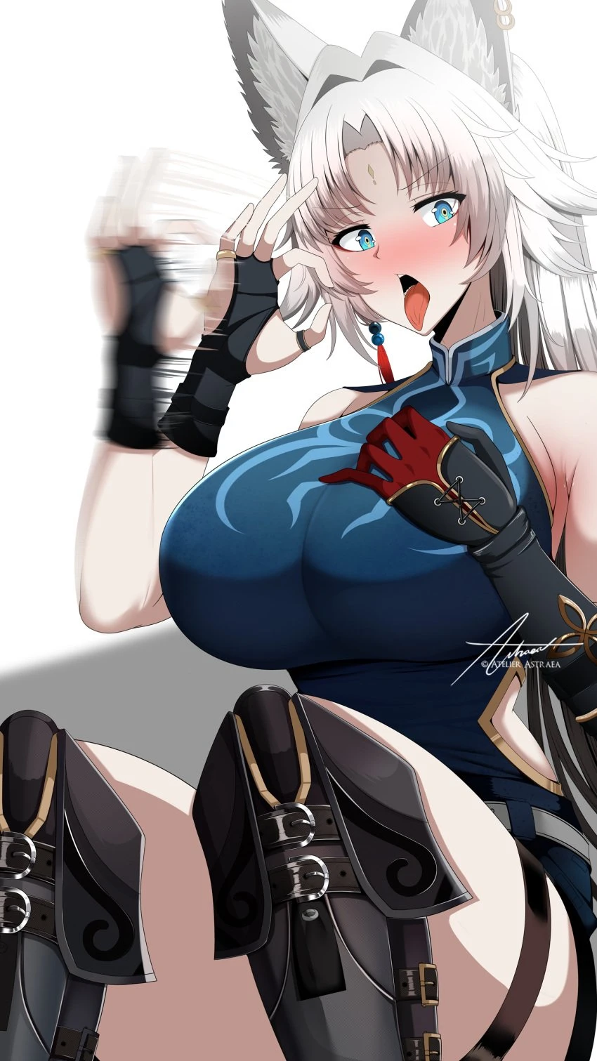 astraea (atelierastraea), honkai (series), honkai: star rail, feixiao (honkai: star rail), animal ears, asymmetrical gloves, black gloves, blue eyes, blush, breasts, fellatio gesture, female, fingerless gloves, gloves, huge breasts, large breasts, long hair, looking at viewer, mismatched gloves, motion lines, open mouth, red gloves, sitting, solo, tongue, tongue out, white background, white hair, absurdres, commentary request, highres, signature, simple background