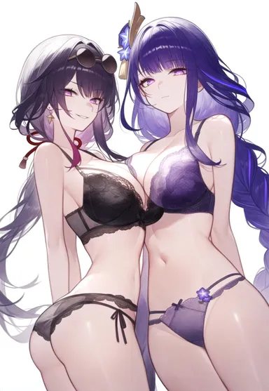 setsuaiart, setsumanga, genshin impact, honkai (series), honkai: star rail, hoyoverse, kafka (honkai: star rail), raiden shogun, 2girls, ass, big breasts, bra, braided hair, breast on breasts, breast press, breast squeeze, breast squish, earrings, lingerie, lingerie only, long hair, looking at viewer, panties, purple eyes, purple hair, side view, sideboob, slim waist, smile, smiling at viewer, thick thighs, three-quarter view, tied hair, wide hips, ai generated