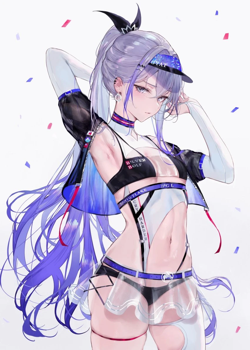 qiandaiyiyu, honkai (series), honkai: star rail, silver wolf (honkai: star rail), 1girls, armpits, arms up, blush, blushing at viewer, cap, female, female focus, female only, gloves, grey eyes, grey hair, jacket, jacket open, light skin, light-skinned female, long gloves, long hair, looking at viewer, meme clothing, microskirt, ponytail, race queen, skimpy, skimpy clothes, skimpy costume, skimpy outfit, slim, slim waist, small breasts, tagme