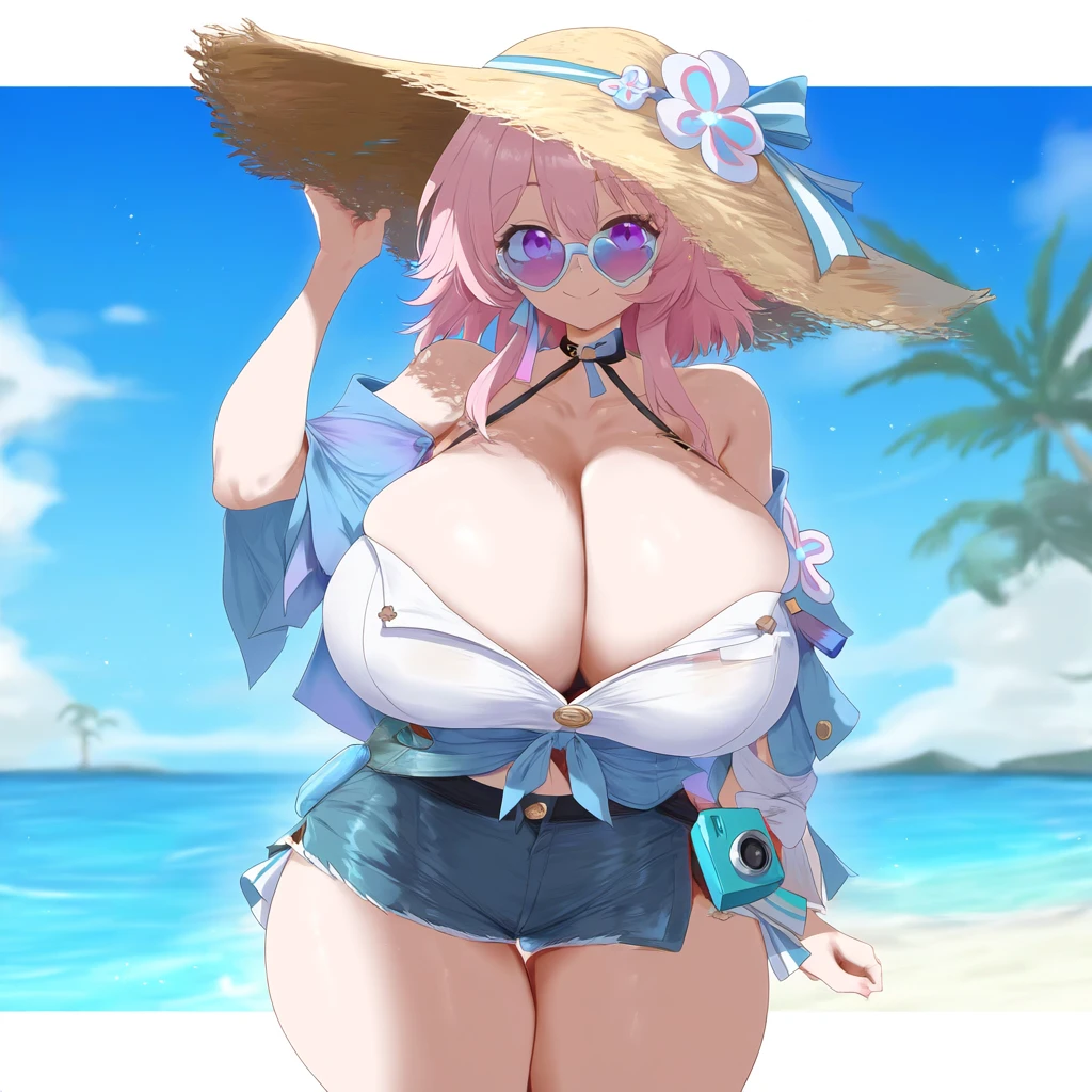 ameanon, honkai: star rail, mihoyo, march 7th (honkai: star rail), beach, big breasts, breasts, cleavage, denim shorts, huge breasts, large breasts, looking over eyewear, looking over sunglasses, pink hair, shorts, straw hat, sunglasses, thick thighs, tinted eyewear, ai generated