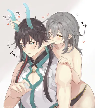 mirin pengin, honkai (series), honkai: star rail, dan heng, dan heng (imbibitor lunae), stelle (honkai: star rail), 1boy, aqua eyes, black hair, black panties, breasts, chinese clothes, dragon boy, dragon horns, earrings, female, grey hair, horns, jewelry, long hair, medium breasts, no bra, panties, pointy ears, topless, underwear, yellow eyes, highres