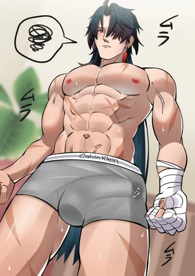 teng105ggg, honkai: star rail, hoyoverse, blade (honkai: star rail), abs, male focus, male only, muscle, penis bulge, topless, underwear