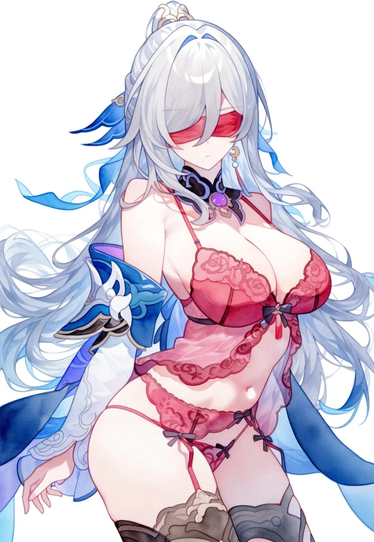 setsuaiart, setsumanga, honkai (series), honkai: star rail, hoyoverse, jingliu (honkai: star rail), belly button, big ass, big breasts, blindfold, bra, dress down, dress removed, eyes covered, lingerie, lingerie only, long hair, long sleeves, necklace, panties, slim waist, stockings, thick thighs, thighhighs, underwear, white hair, wide hips, ai generated