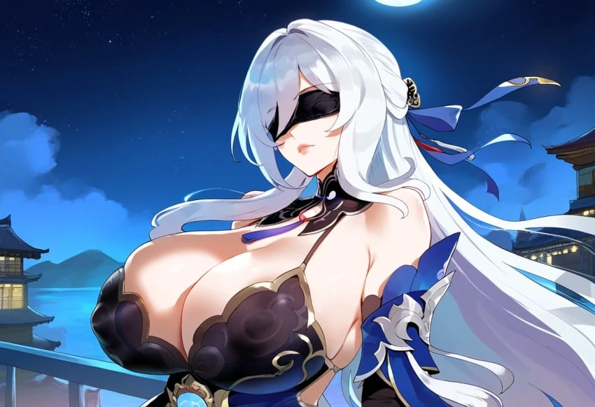 henrik n, honkai: star rail, jingliu (honkai: star rail), blindfold, huge breast, solo, white hair, ai generated, novelai, thiccwithaq (ai style)