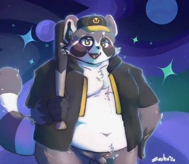 honkai: star rail, mihoyo, galactic baseballer (honkai: star rail), anthro, balls, baseball bat, baseball cap, bat (object), belly, big belly, black nose, blush, clothing, flaccid, genitals, grey body, hat, headgear, headwear, hybrid, kemono, male, mammal, moobs, navel, open mouth, overweight, overweight male, penis, procyonid, raccoon, small penis, solo, space, white body, zardacian, 2024, hi res