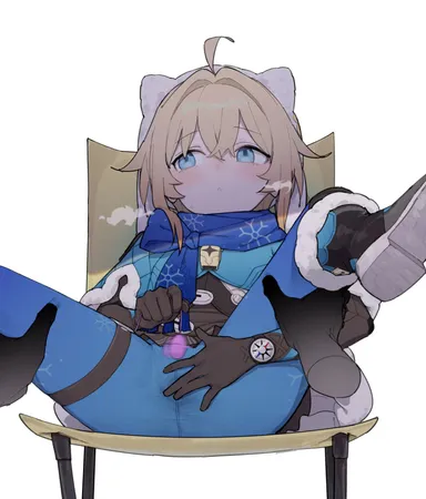 healthyman, honkai (series), honkai: star rail, 1other, ahoge, animal ears, black footwear, blonde hair, blue eyes, blue pants, blue scarf, blush, boots, breath, brown gloves, chair, clothed masturbation, compass, crossed bangs, disembodied limb, egg vibrator, fake animal ears, female, female masturbation, fingering, fingering through clothes, fur trim, fur-trimmed boots, gloves, hair between eyes, lynx landau, masturbation, masturbation through clothes, pants, pantyhose, parted lips, scarf, sex toy, short hair, simple background, sitting, solo focus, spread legs, thigh strap, through clothes, vibrator, vibrator cord, white background, commentary request, highres