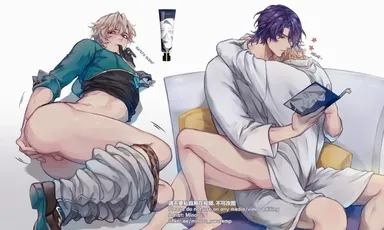 honkai (series), honkai: star rail, aventurine (honkai: star rail), dr. ratio (honkai: star rail), 2boys, anal fingering, aqua shirt, ass, bare legs, bathrobe, black footwear, black gloves, black shirt, blonde hair, blue hair, bottomless, brown male underwear, clothes lift, clothes pull, cosmetics, couch, fingering, from below, glove in mouth, gloves, hug, lying, male focus, male masturbation, male underwear, male underwear pull, masturbation, minoru (minoru uwutemp), mouth hold, multiple boys, on side, pants, pants pull, pillow, reading, shirt, shirt lift, short hair, sitting, sitting on lap, sitting on person, sleeves past elbows, testicles, two-tone shirt, underwear, white bathrobe, white pants, yaoi, commentary