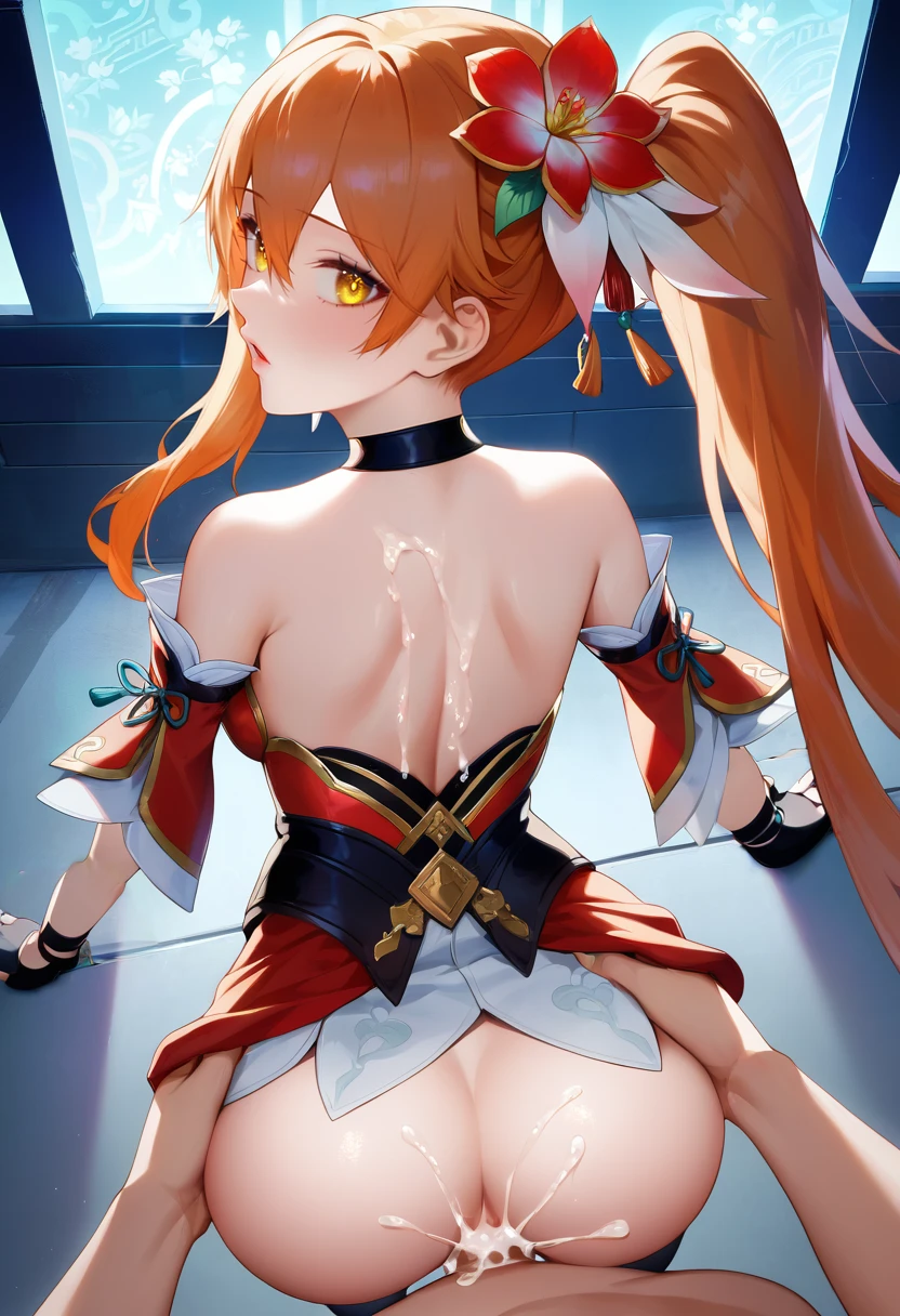 honkai: star rail, guinaifen (honkai: star rail), ass, ass grab, back, back view, blush, butt grab, clothed, clothed sex, cum, cum inside, cum on body, detached sleeves, dick, looking back, looking pleasured, orange eyes, orange hair, penis, sex, sex from behind, ai generated