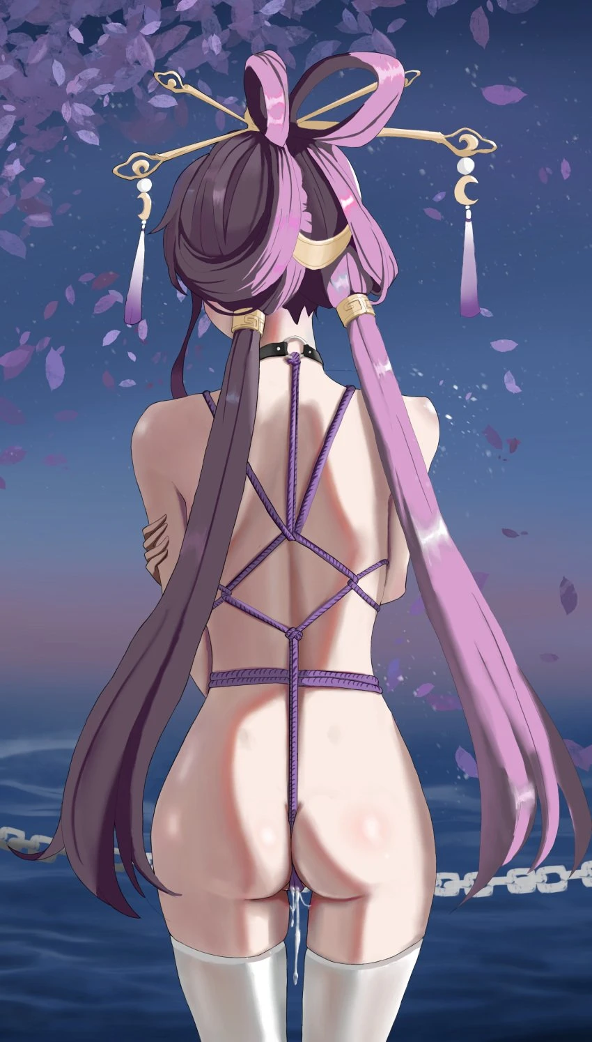 honkai (series), honkai: star rail, fu xuan (honkai: star rail), ass, bondage, bound, bow-shaped hair, chains, choker, crescent, crescent hair ornament, crotch rope, evening, falling leaves, female, hair ornament, hair rings, hair stick, leaf, long hair, low twintails, nude, o-ring, o-ring choker, ocean, purple hair, purple leaves, purple rope, purple tassel, pussy juice, rope, shiny skin, solo, standing, tassel, tassel hair ornament, thighhighs, twintails, white thighhighs, yi yanhua er qing, absurdres, commentary request, highres