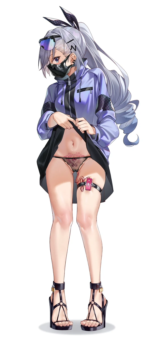 ginklaga, honkai (series), honkai: star rail, silver wolf (honkai: star rail), black skirt, breasts, clothes lift, eyewear on head, female, full body, grey eyes, grey hair, hair ornament, hair ribbon, hairclip, high heels, jacket, lifted by self, lock, long hair, long sleeves, looking at viewer, mask, mouth mask, navel, padlock, pleated skirt, ponytail, pubic tattoo, remote control vibrator, ribbon, see-through panties, sex toy, simple background, skindentation, skirt, small breasts, solo, standing, sunglasses, tattoo, thigh strap, underwear, vibrator, vibrator in thigh strap, white background, zipper, zipper pull tab, highres, paid reward available