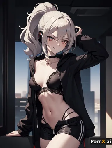 pornx.ai, honkai (series), honkai: star rail, silver wolf (honkai: star rail), 1girls, black clothing, bra, choker, collarbone, female, female only, grey hair, headphones, hoodie, jacket, lace, lace-trimmed bra, medium breasts, medium hair, multicolored eyes, navel, ponytail, ribs, shorts, skindentation, smile, smiling, solo, thong, thong straps, undressing, unzipped, ai generated