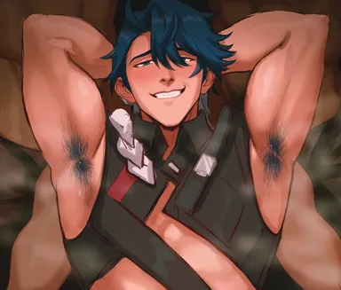 sombre slahc, honkai (series), honkai: star rail, sampo (honkai star rail), 3boys, armpit, armpit hair, armpits, blue eyes, blue hair, blush, body hair, cock, dick, dick on chest, earring, gay, light skin, light-skinned male, looking at viewer, male, male focus, male only, man boobs, muscular, muscular male, nipples, pants, pants down, penis, penis on chest, pubes, pubic hair, smile, smiling, smiling at viewer