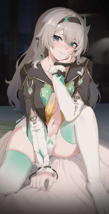 nvl, honkai (series), honkai: star rail, firefly (honkai: star rail), 1girls, blue eyes, blush, blushing at viewer, female, female focus, female only, grey hair, in bed, large breasts, light skin, light-skinned female, looking at viewer, smile, smiling, smiling at viewer, thick thighs, thighhighs, thighs, tagme