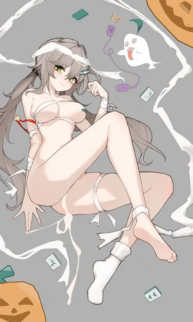 inniyik, halloween, honkai (series), honkai: star rail, qingque (honkai: star rail), bandage on thigh, bandaged arm, bandages, blush, breasts, egg vibrator, female, full body, ghost, green eyes, implied after masturbation, jack-o'-lantern, light brown hair, long hair, looking at viewer, low twintails, mahjong tile, medium breasts, naked bandage, parted lips, pussy juice, sex toy, single bare foot, single pasty, single sock, skindentation, socks, soles, solo, twintails, vibrator, commentary request, grey background, highres