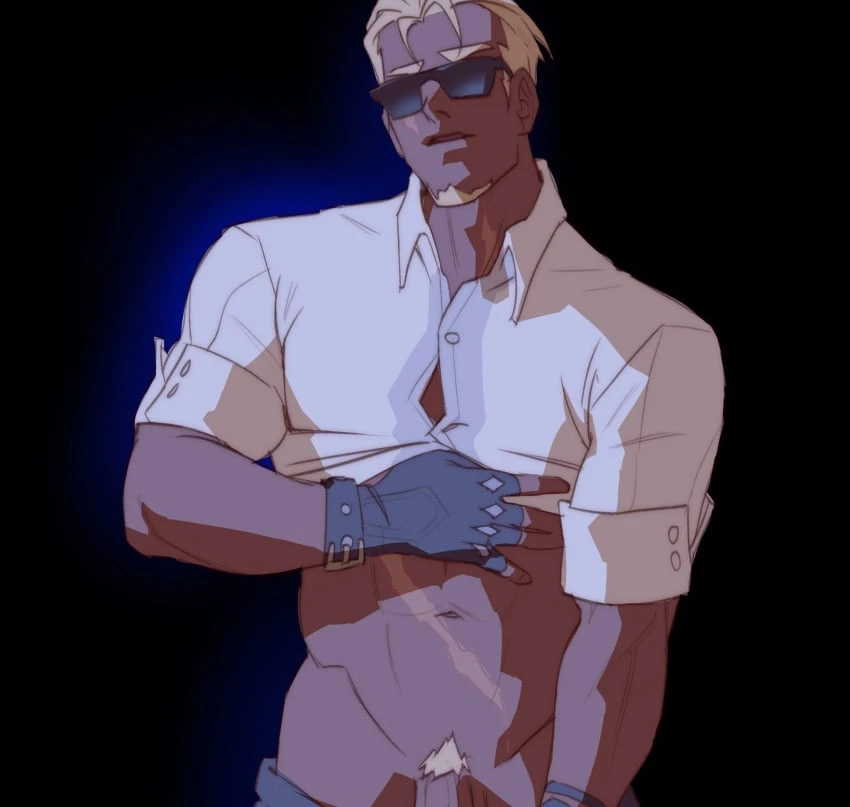 dieonysuz, honkai (series), honkai: star rail, woolsey (honkai: star rail), 1boy, bara, blonde hair, bursting pectorals, clothes pull, cowboy shot, dark skin, dark-skinned male, facial hair, flaccid, gloves, goatee, groin, lifted by self, looking at viewer, male, male focus, male only, mature male, midriff, pants, pants pull, pectorals, penis, penis out of frame, penis peek, presenting penis, pubic hair, short hair, solo, sparse pubic hair, thick eyebrows, toned, toned male, highres