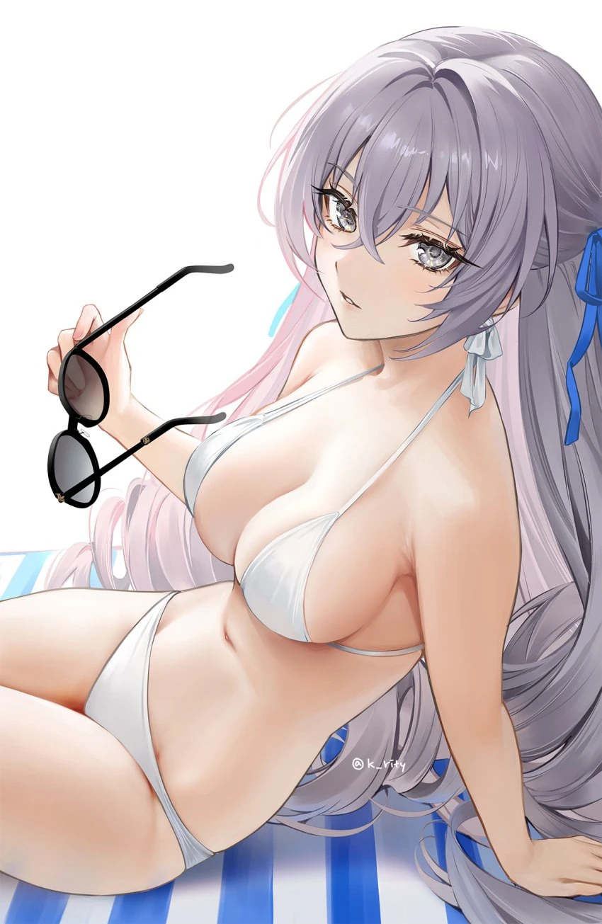 honkai (series), honkai: star rail, bronya rand, 1girls, bare shoulders, bikini, breasts, cleavage, collarbone, crossed bangs, drill hair, grey eyes, grey hair, hair between eyes, large breasts, long hair, looking at viewer, navel, rity, sitting, solo, sunglasses, swimsuit, thighs, white bikini, highres