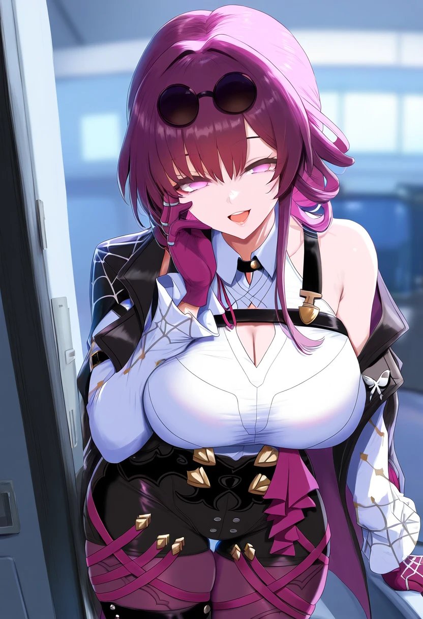 jaygoats, honkai: star rail, kafka (honkai: star rail), big breasts, cleavage, eyes half open, gloves, hand on face, lips, looking at viewer, milf, off shoulder, smile, thick thighs, ai generated